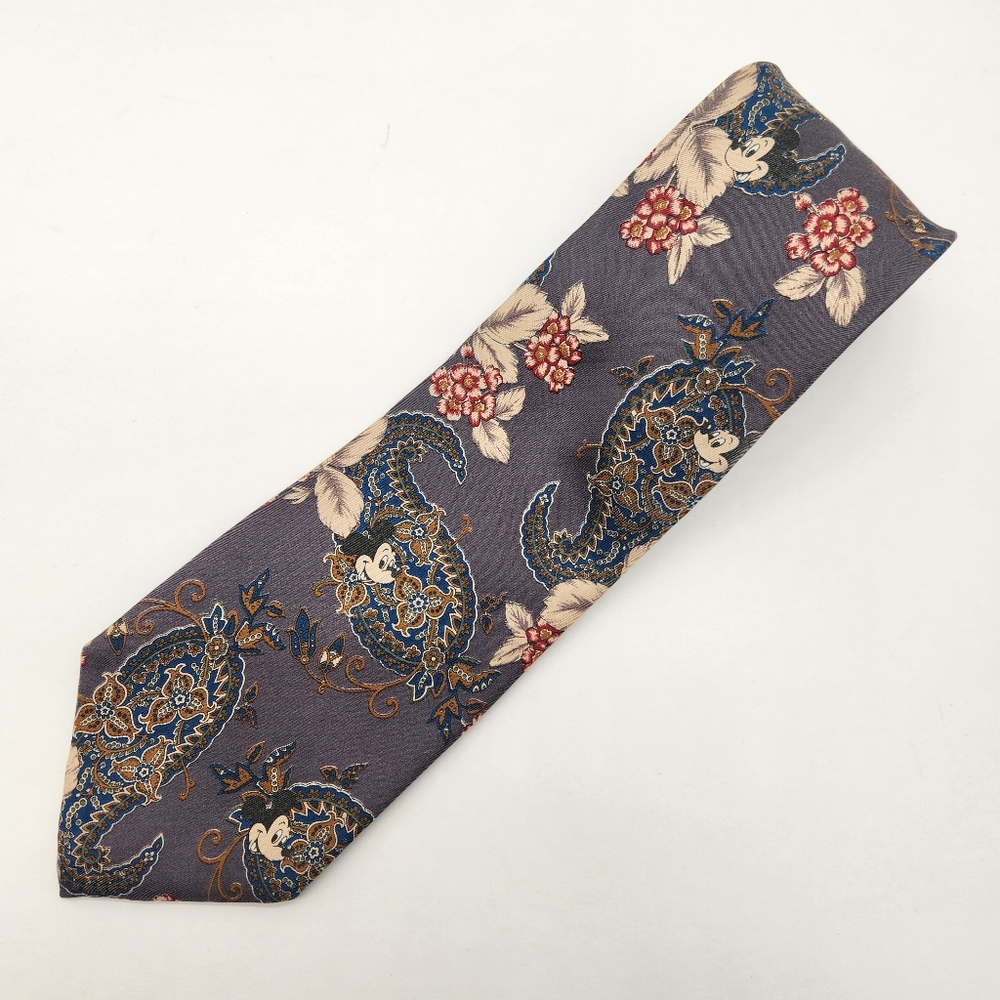 Walt Disney necktie grey 100% silk Mickey Mouse hidden floral paisley tie USA